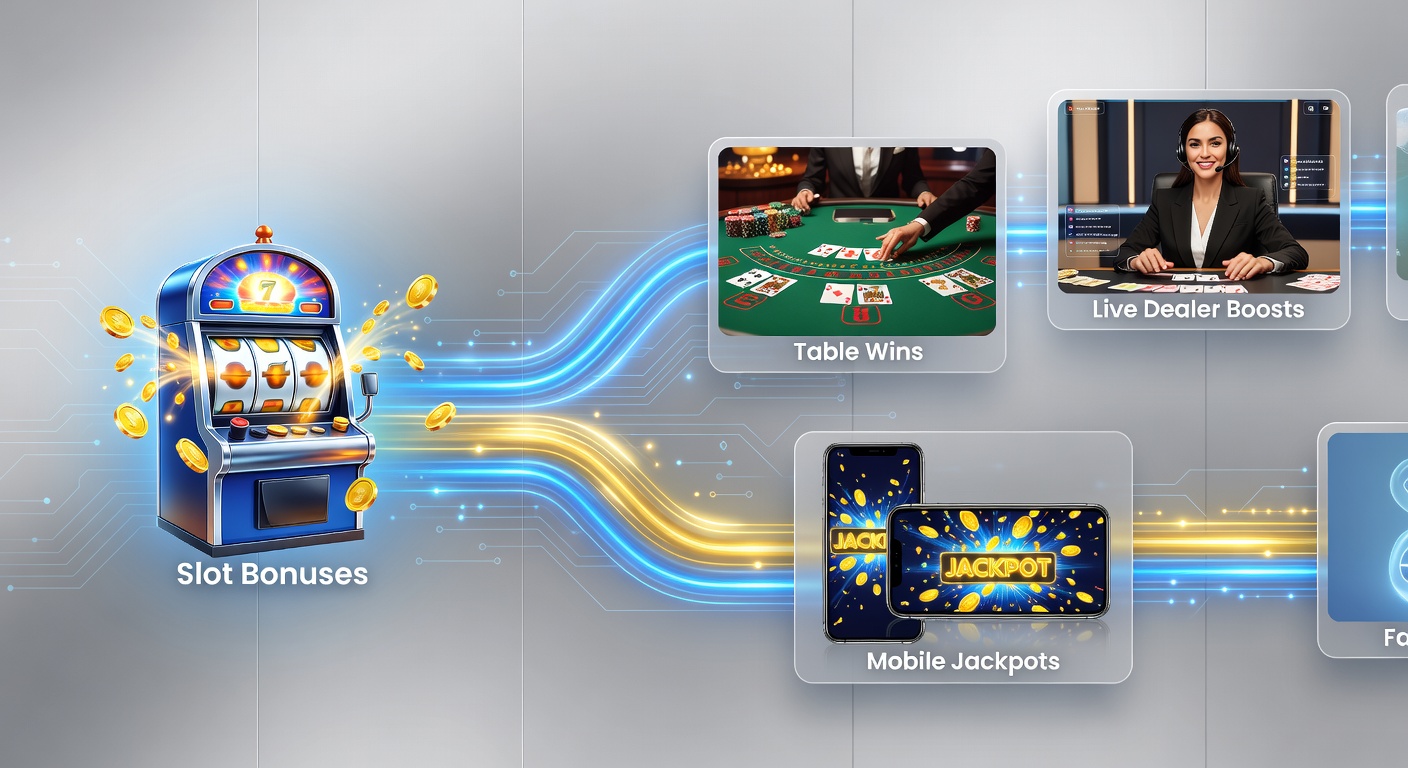 Dynamic live dealer table with slot bonus overlays transitioning to mobile screens and VIP badges, illustrating the seamless progression of reward chains in real-time gaming
