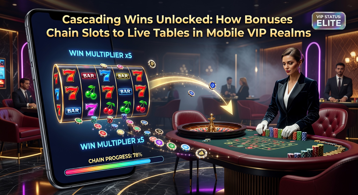 VIP player on smartphone transitioning from exploding slot cascades to a high-stakes live baccarat table, with bonus meters chaining across screens