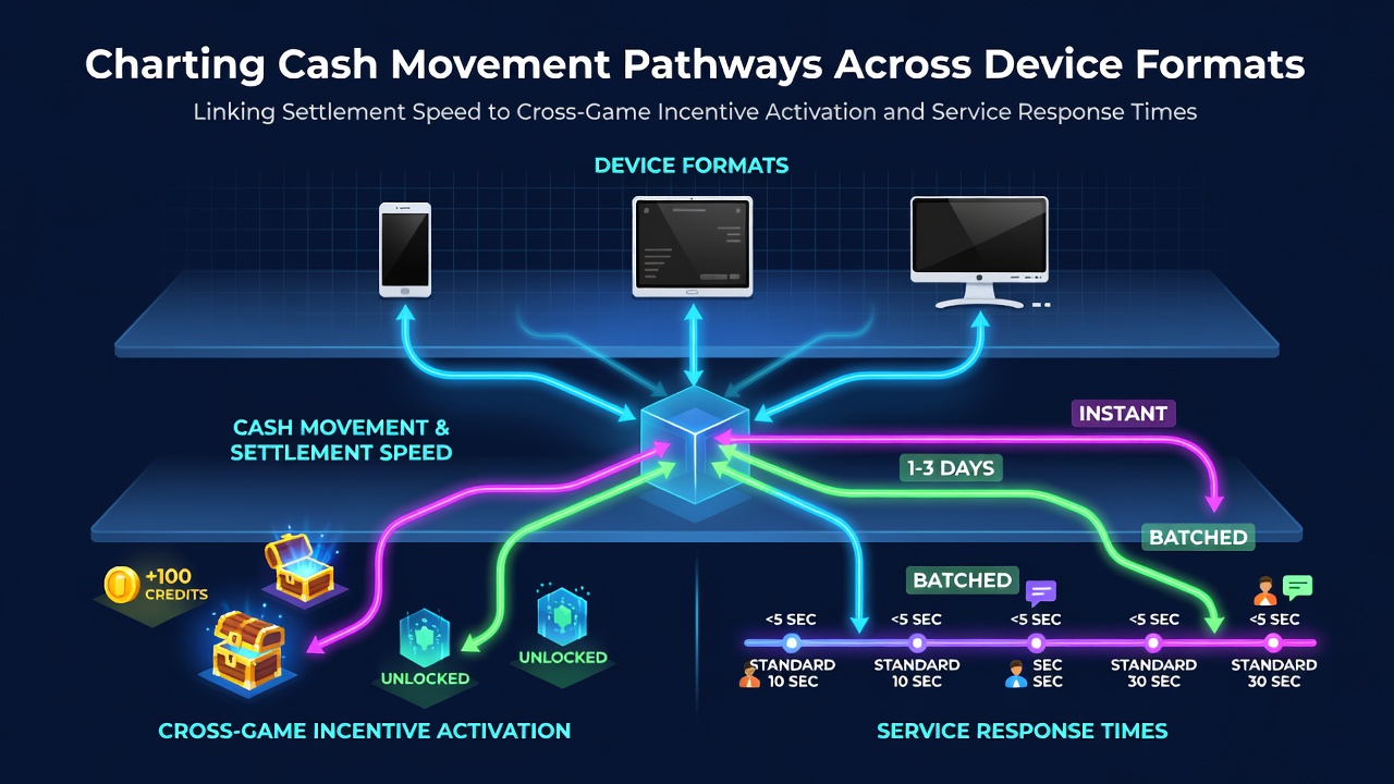 Diagram showing cash movement pathways across mobile, desktop, and tablet gaming devices with settlement speed indicators