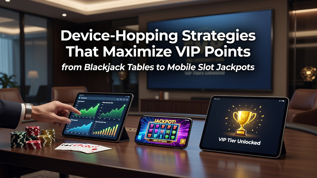 Casino players using multiple devices to track VIP points across blackjack tables and mobile slot sessions