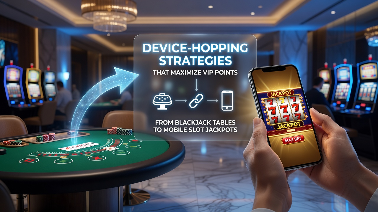 Mobile device displaying slot game interface alongside a blackjack table in a casino setting