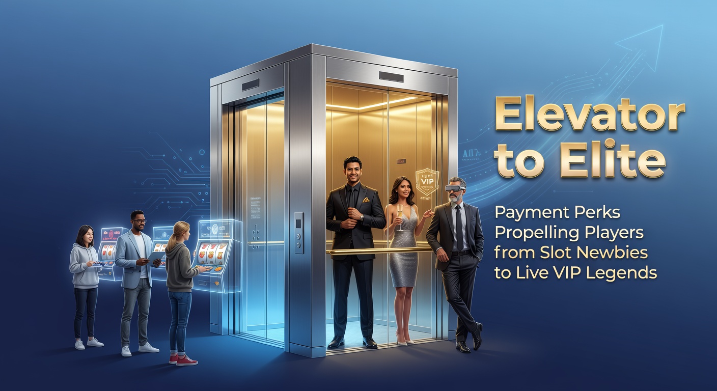 Glowing elevator ascending through casino tiers, surrounded by slot reels, payment icons, and live dealer tables symbolizing the rapid climb from newbie to VIP status