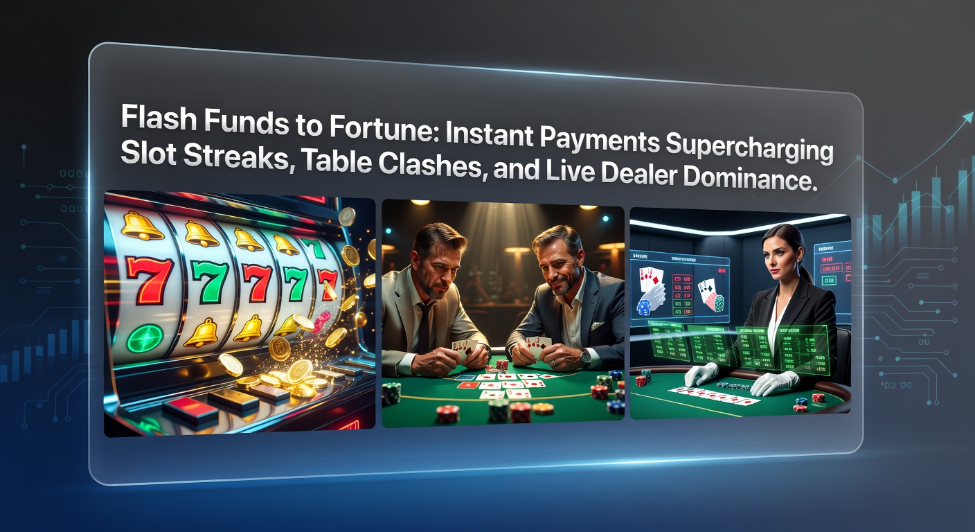Vibrant casino floor with glowing slot machines and players at live dealer tables, highlighting fast-paced action fueled by instant payments