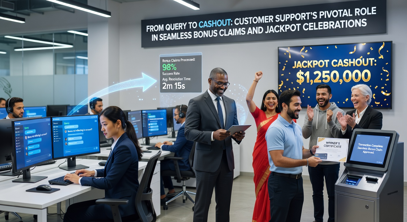 Excited player celebrating a jackpot win with customer support team verifying payout in the background, emphasizing trust and celebration