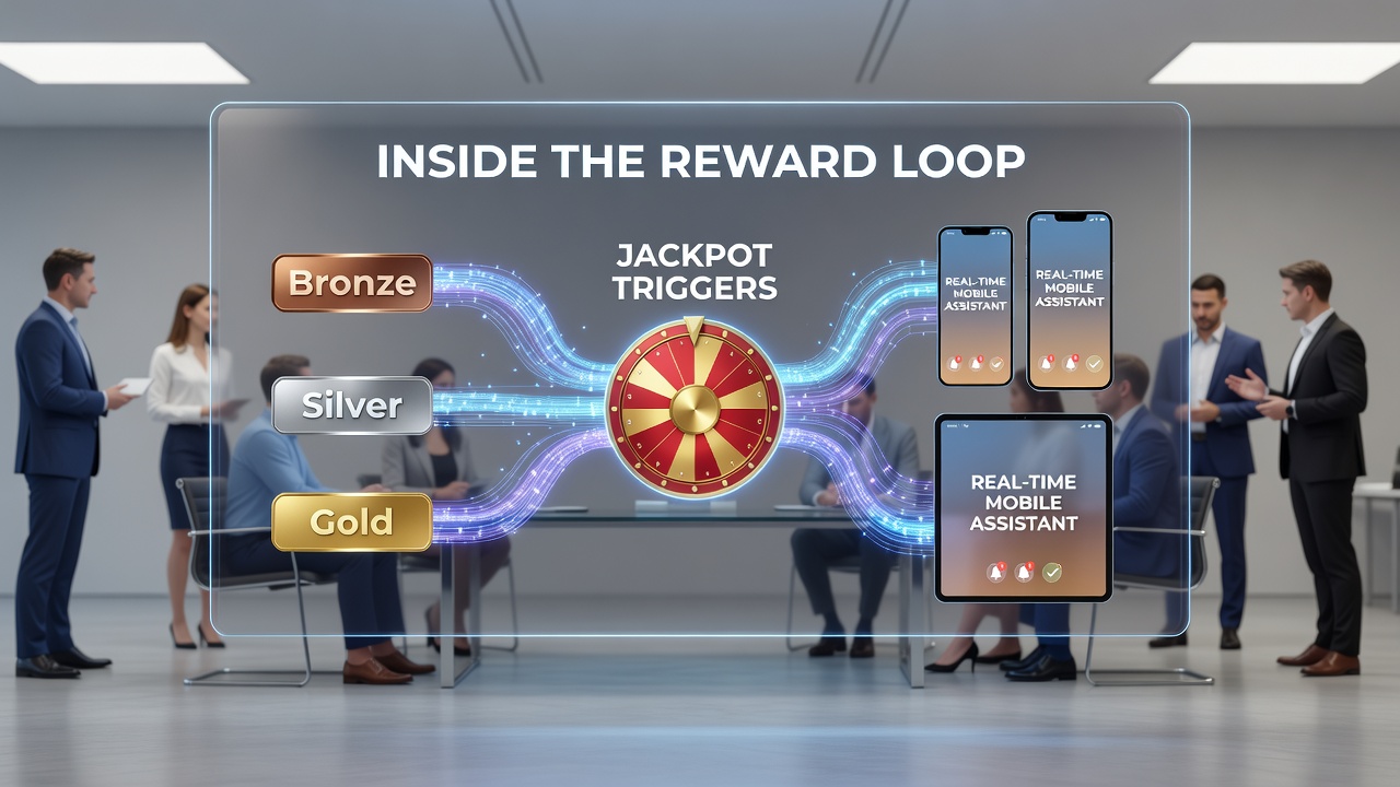 Support agent assisting a VIP player via in-app chat while jackpot meter climbs on the same screen