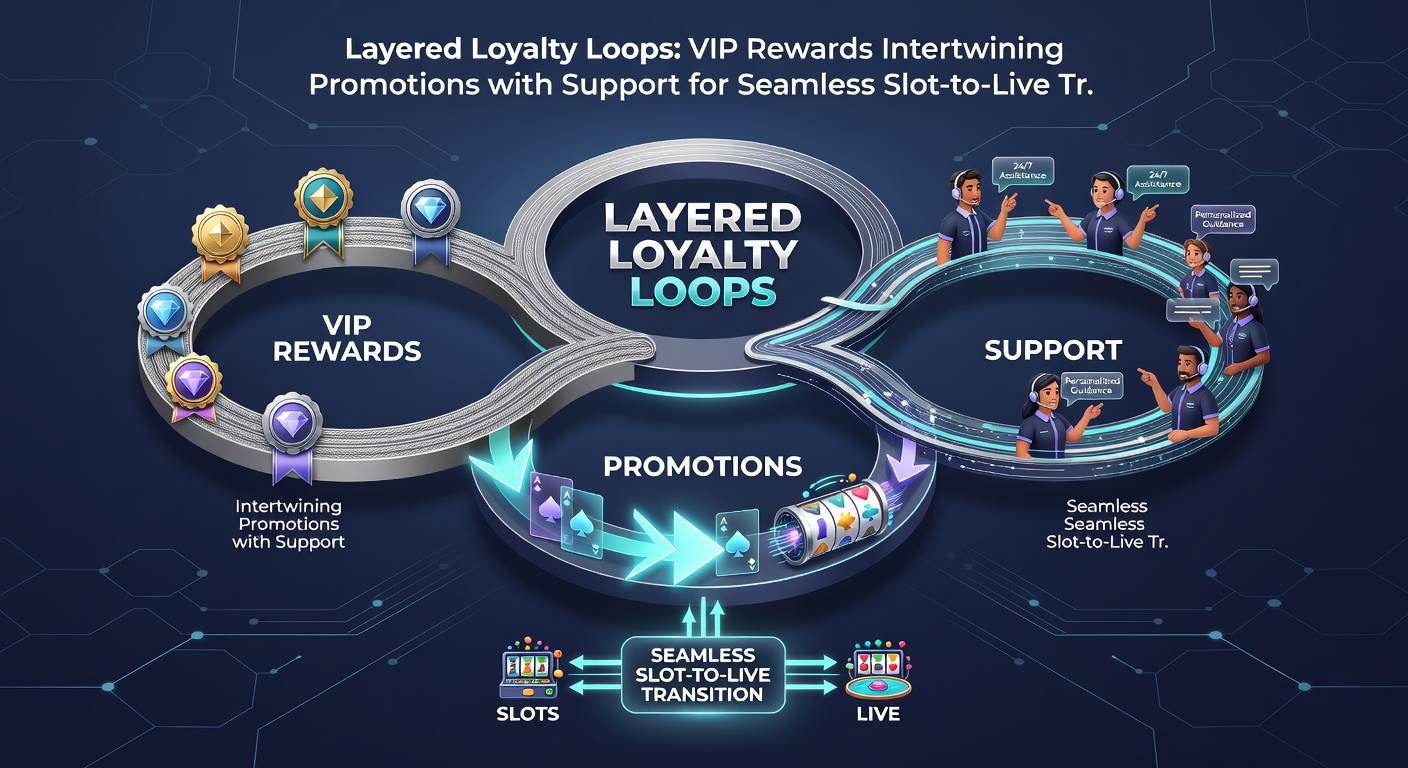 Dynamic graphic depicting a player's journey through loyalty tiers, from slot reels to live dealer interfaces, with promotional overlays and support icons facilitating the flow