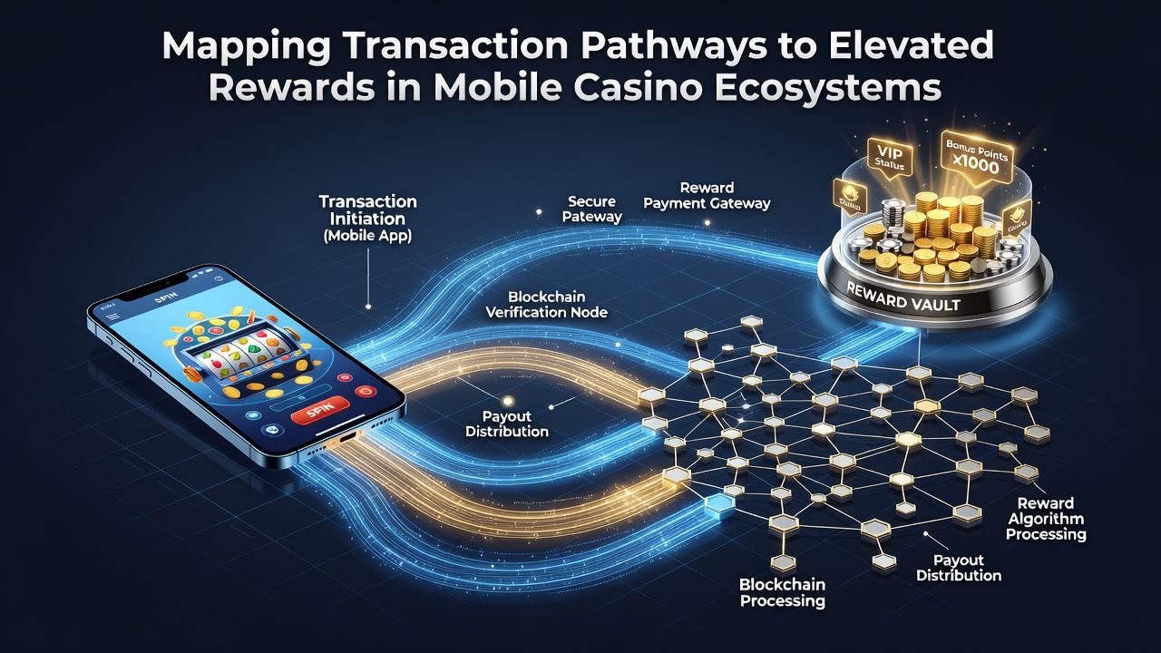 Mobile casino interface showing transaction pathways and reward mapping on a smartphone screen