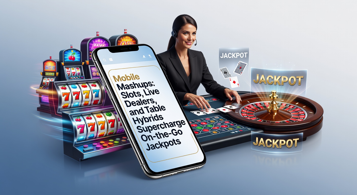 Smartphone screen displaying a vibrant mobile casino hybrid game combining slots, live dealer blackjack, and table elements with jackpot counters ticking upward