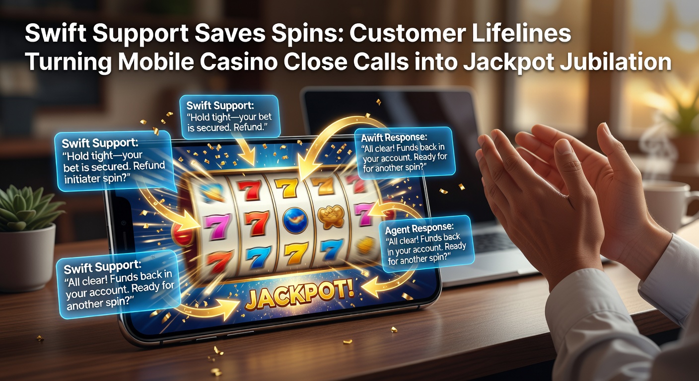 A dynamic illustration of a customer support agent helping a mobile casino player unlock a jackpot, with phone screens showing spinning slots and chat bubbles
