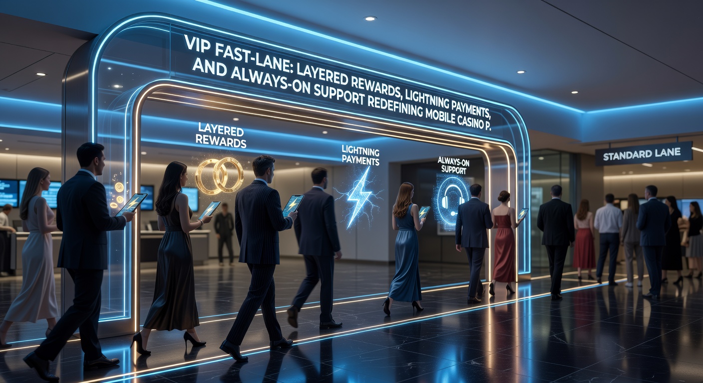 Dynamic illustration of a smartphone with speed lines around cash transfer icons, VIP badge, and 24/7 support headset, capturing the essence of rapid mobile casino elite services