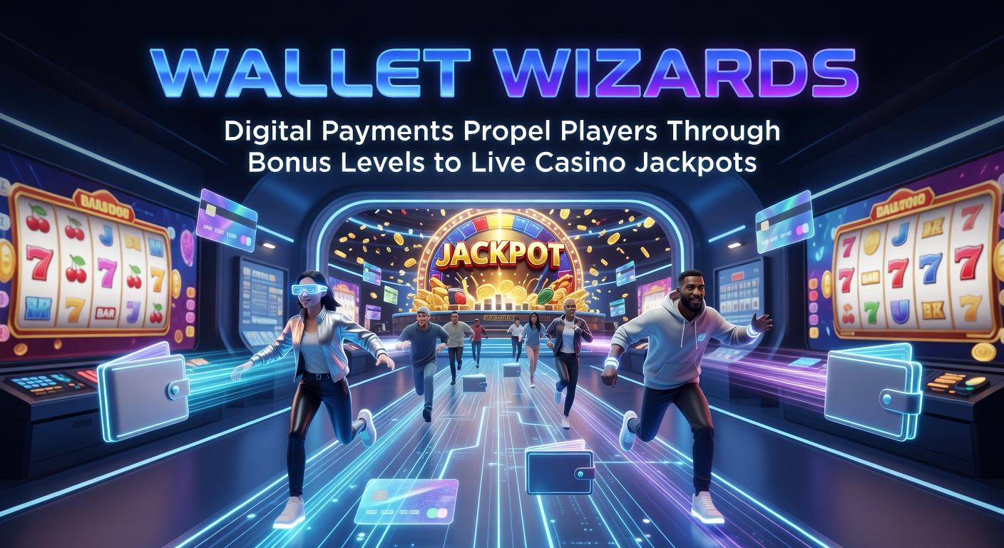Illustration of a magical wallet unleashing digital coins that transform into casino bonus levels leading to jackpot lights